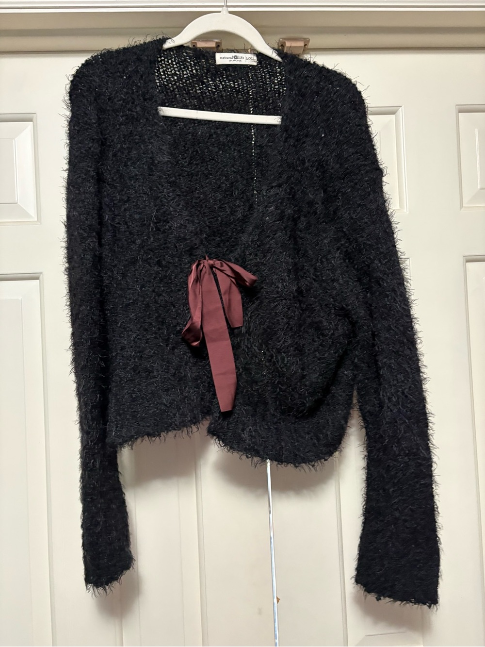 NATURAL LIFE Black Fuzzy Open-Front Cardigan with Burgundy Ribbon